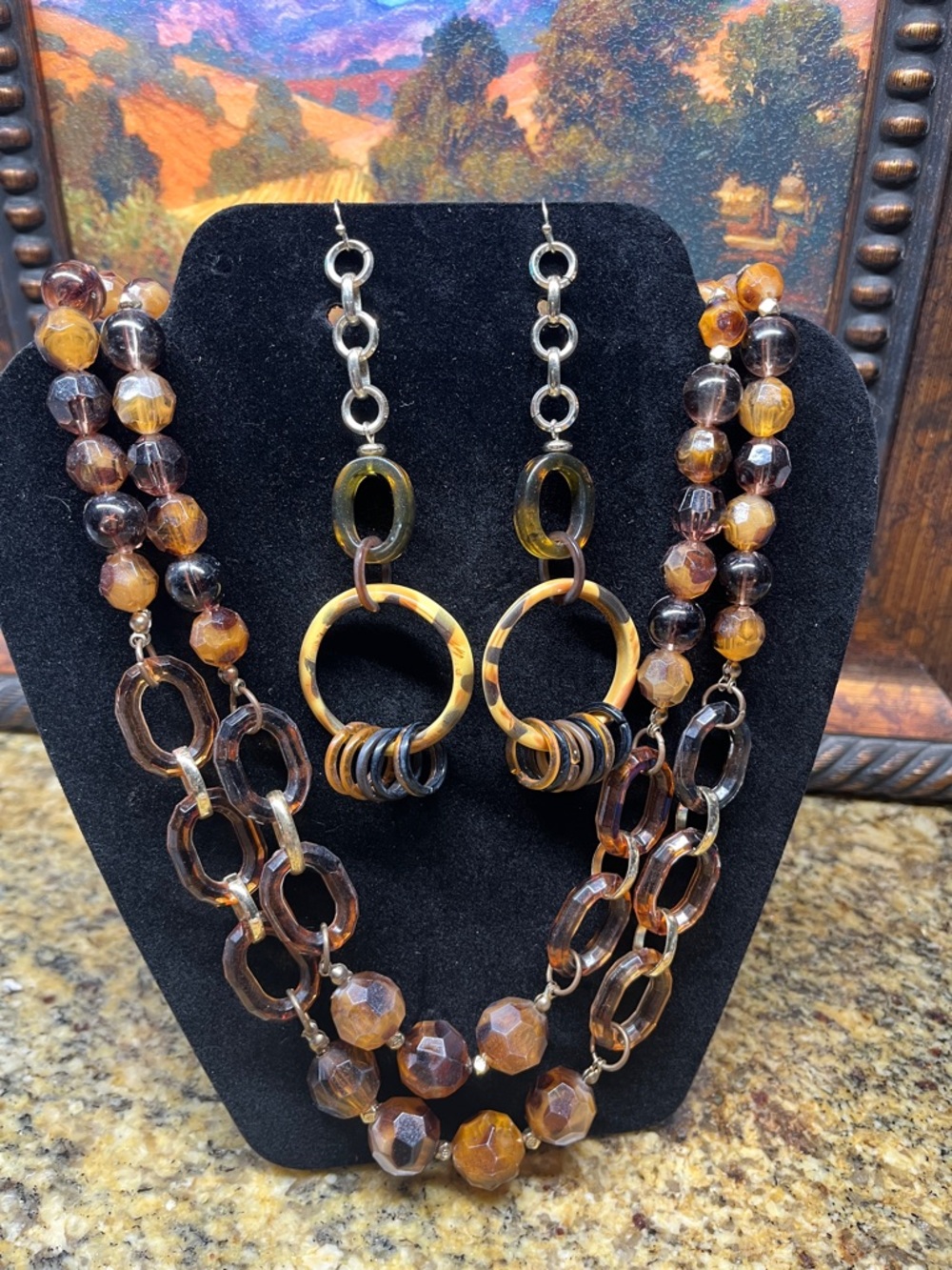 Brown Tortoiseshell Multi-Strand Necklace & Earrings Set
